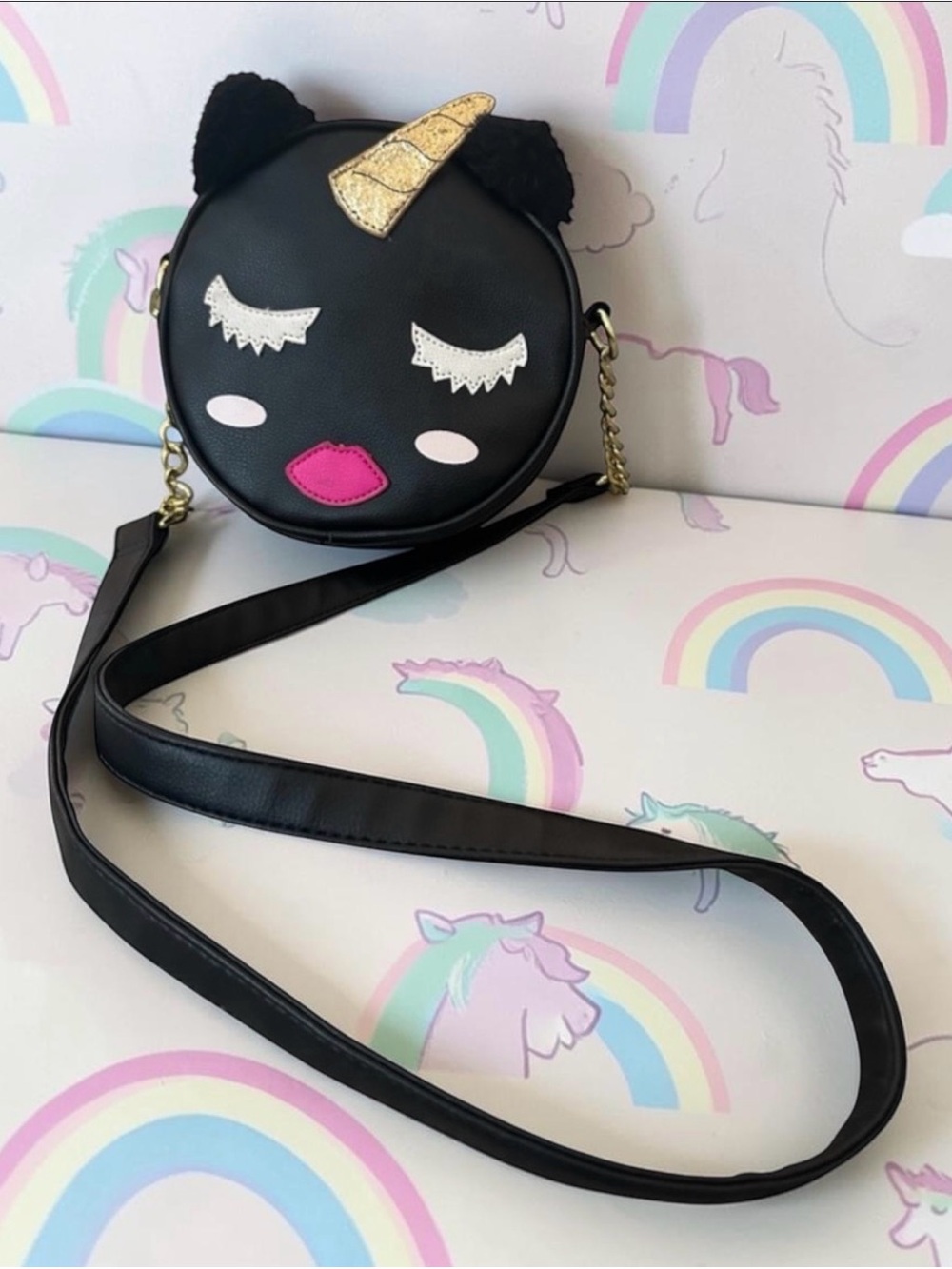 Betsey Johnson Black‎ Unicorn Cat Canteen Crossbody Bag NWT $53 MSRP Halloween - Picture 4 of 16